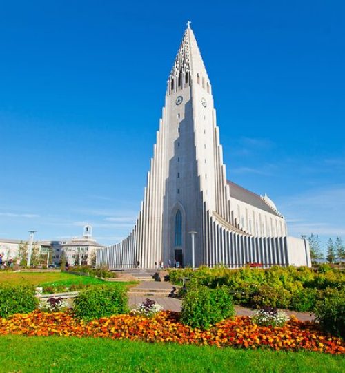 iceland-top-attractions-ride-to-top-of-hallgrimskirkja-blue-sky-flowers